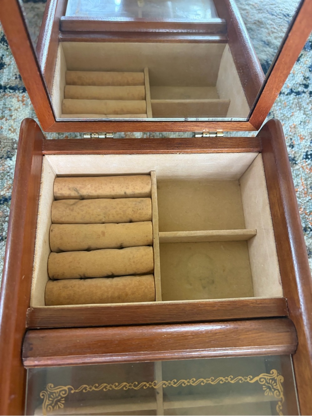 Vintage London Leather Wooden Jewelry Box Dresser Valet Parquet Inlay - Picture 8 of 11
